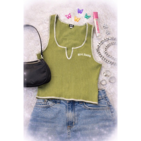 BDG Urban Outfitters Ribbed Tank Top Olive Green Logo Y2K Womens M - Picture 2 of 8